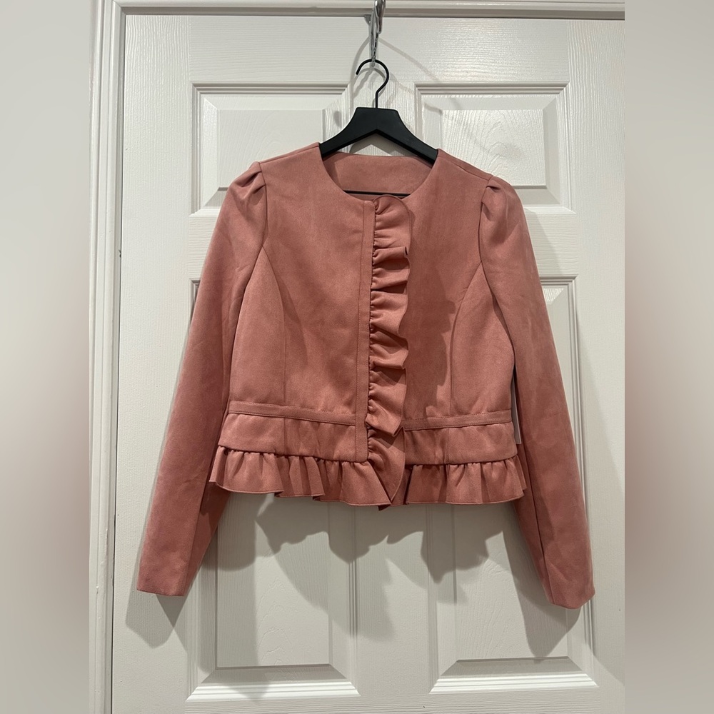 Liz Claiborne Women's Desert Rose Faux Suede Ruffle Jacket Size S Snap Front